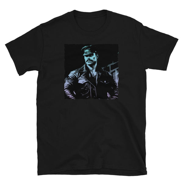Black t-shirt featuring a graphic of a muscular man in leather, Retro Dom daddy Gay Pride T-Shirt.