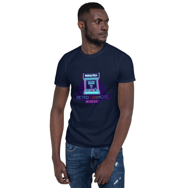 Model wearing a navy retro gay shirt featuring arcade graphics and text.