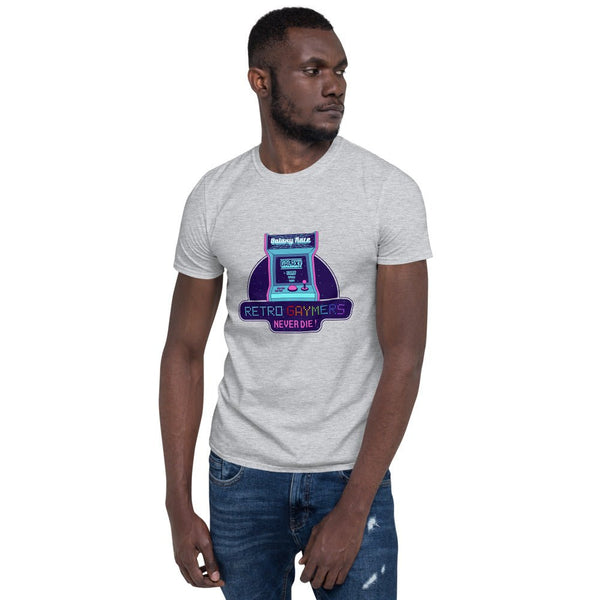 Model wearing Retro Gaymers Never Die T-Shirt in Sport Grey with arcade graphic design.