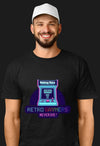 Man wearing a Retro Gaymers Never Die T-Shirt with arcade game graphic.