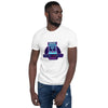 Model wearing Retro Gaymers Never Die T-Shirt featuring arcade design, playful LGBTQ+ graphic.