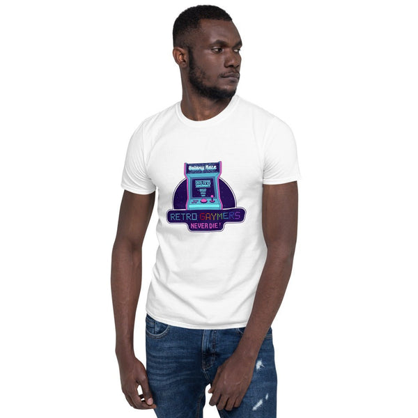 Model wearing Retro Gaymers Never Die T-Shirt featuring arcade design, playful LGBTQ+ graphic.