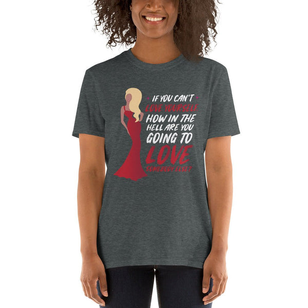 Model wearing a dark grey gay shirt with Ru Paul Love Yourself quote design.