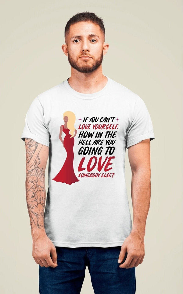 Model wearing a gay shirt with Ru Paul Love Yourself Quote design.