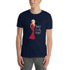 Unisex navy shirt featuring drag queen graphic and text, gay pride apparel.