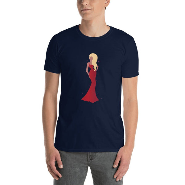 Model wearing RuPauls Drag Race Shirt Sassy Lady Ru Paul Shirt in navy, featuring a glamorous red dress design.