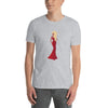 RuPauls Drag Race Shirt Sassy Lady Ru Paul Shirt on model, grey cotton, red dress design, gay pride apparel, LGBT clothing