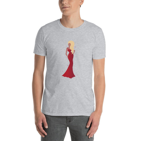 RuPauls Drag Race Shirt Sassy Lady Ru Paul Shirt on model, grey cotton, red dress design, gay pride apparel, LGBT clothing