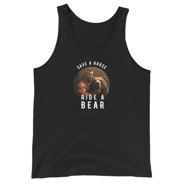 Black tank top featuring 'Save A Horse Ride A Bear' graphic, gay pride apparel.