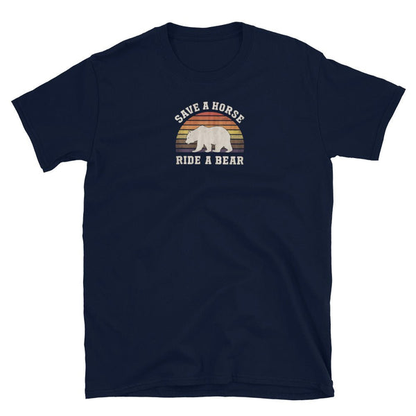 Navy blue funny gay shirt with bear graphic and rainbow design.