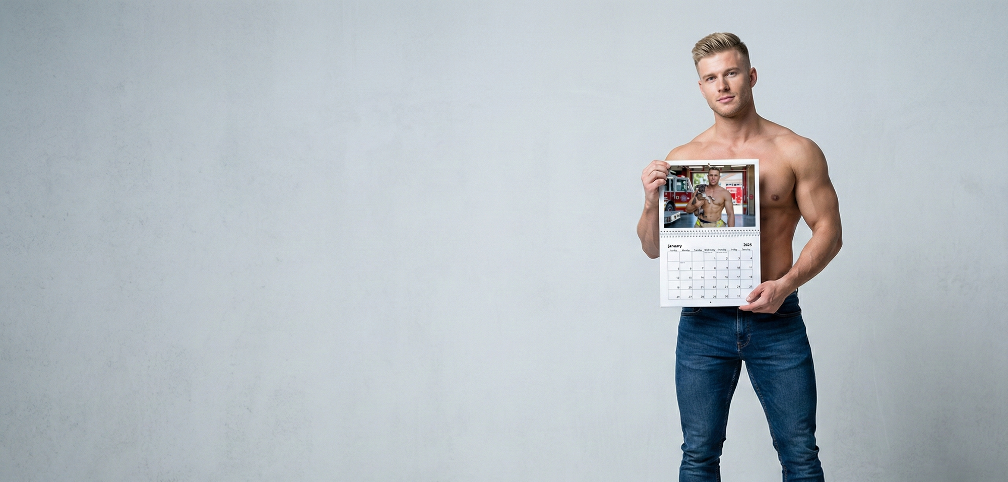 sexy gay men calendar held by shirtless muscular model featuring firefighter photo for gay men