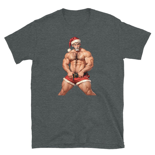 Muscular man in Santa hat and shorts on gay shirt design, perfect gay gift.
