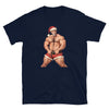 Muscular man in sexy Santa outfit on navy gay shirt, part of LGBT clothing.