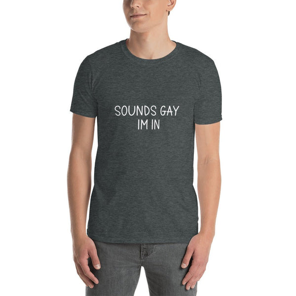 Model wearing Sounds Gay I'm In - Gay Funny T-shirt in dark heather color, casual style.