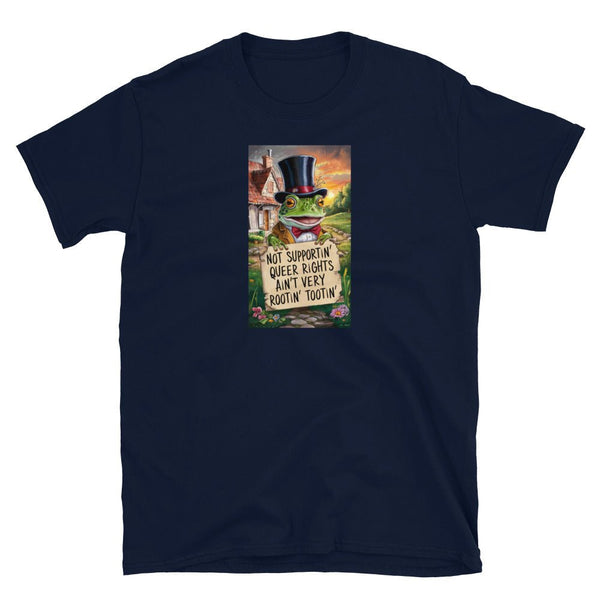 Navy blue funny gay shirt featuring a frog with a top hat and LGBTQ pride message.