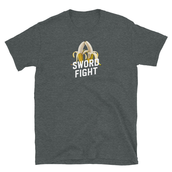 Dark grey t-shirt featuring funny "Sword Fight" banana design, ideal gay pride apparel.