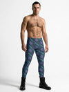 Model wearing Techno Ronin Men’s Leggings – Cyber Samurai Meggings in vibrant design, ideal for workout.