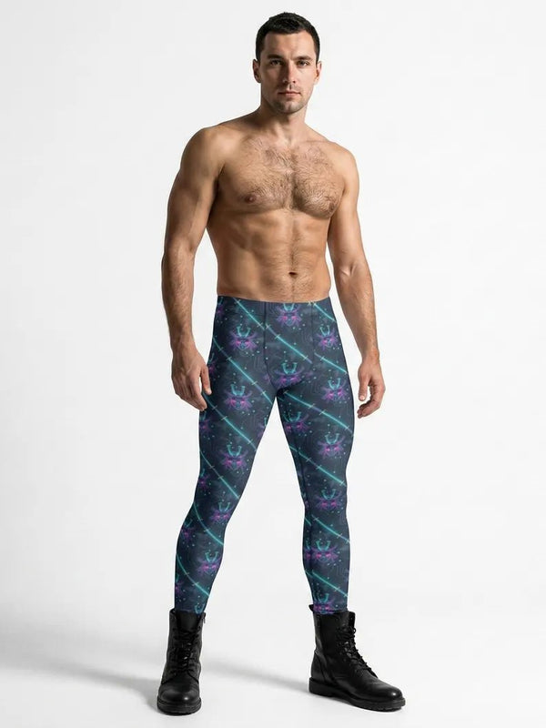Model wearing Techno Ronin Men’s Leggings – Cyber Samurai Meggings in vibrant design, ideal for workout.
