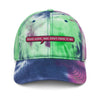 Tie dye cap featuring slogan 'Good Luck and Don't Fuck it Up', colorful design, LGBTQ pride apparel.