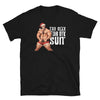 Black gay shirt with Santa-themed graphic, featuring a muscular man, ideal gay gift.