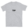 Sport grey t-shirt featuring the word 'TOP' in bold black, ideal gay pride apparel.