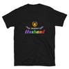 Black t-shirt featuring 'Trophy Husband' in rainbow colors, gay pride apparel.