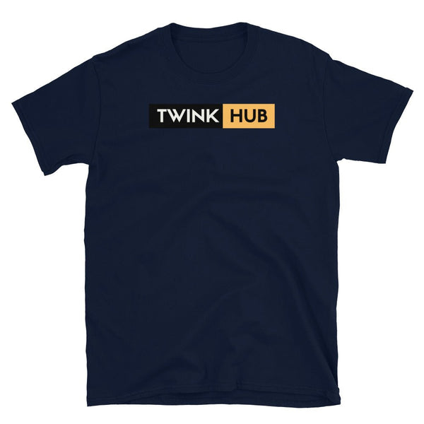 Twink Hub Funny Gay Pride Tee, Soft Unisex T-Shirt in navy blue with logo design.