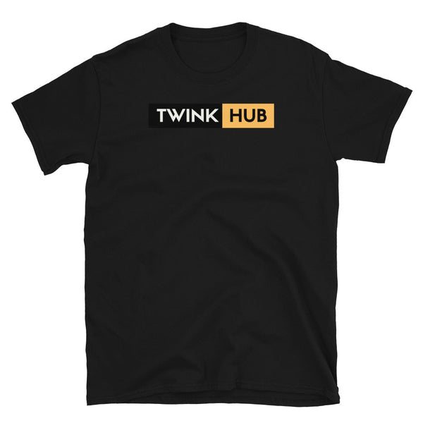 Black unisex t-shirt featuring "TWINK HUB" design, part of LGBTQ apparel.