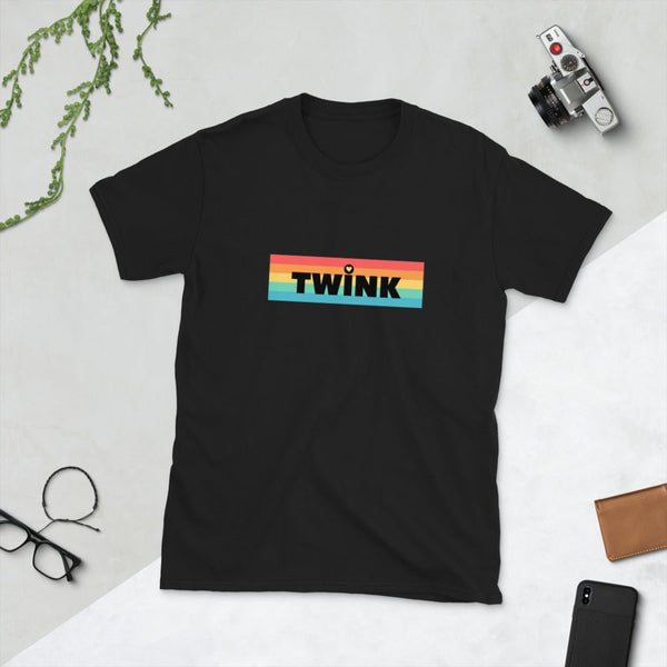 Twink Pride Flag Shirt LGBTQ+ Pride Gay Ally Adult Tee on black fabric, featuring colorful striped design.