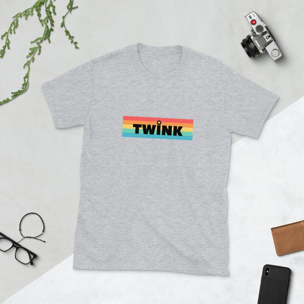 Twink Pride Flag Shirt LGBTQ+ Pride Gay Ally Adult Tee on a grey t-shirt.