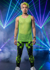 Person wearing a bright green outfit with colorful laser lights in the background