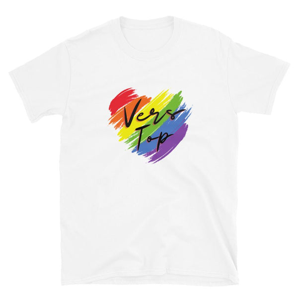Vers Versatile LGBT Gay Receptive Dominance Partner T-shirt with rainbow heart design.