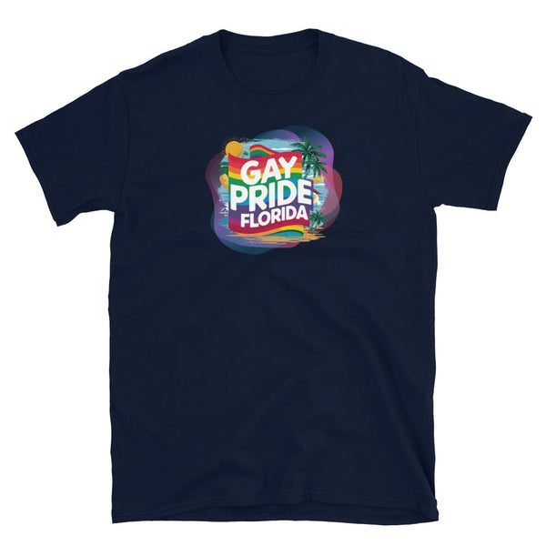 Navy gay shirt featuring colorful 'Gay Pride Florida' graphic for LGBT pride events.