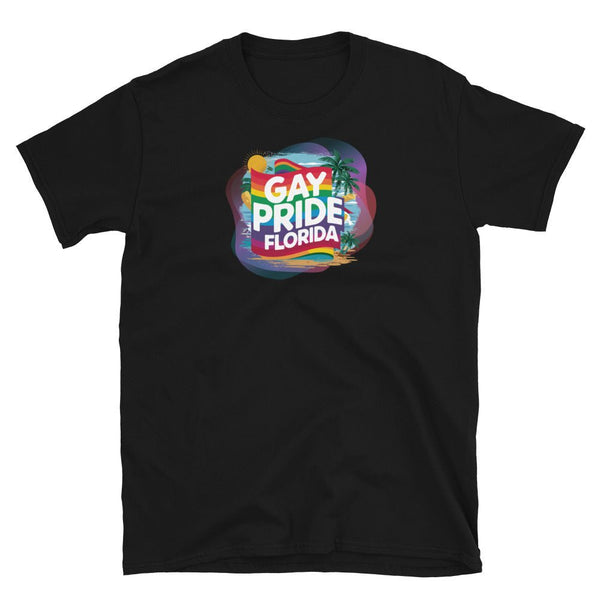 Black t-shirt featuring colorful Gay Pride Florida graphic, ideal LGBT apparel.