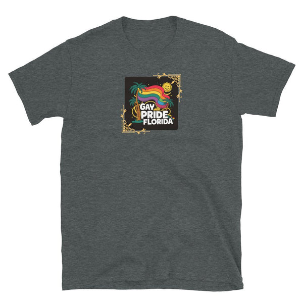 Dark grey gay shirt featuring colorful Gay Pride Florida design and palm trees.