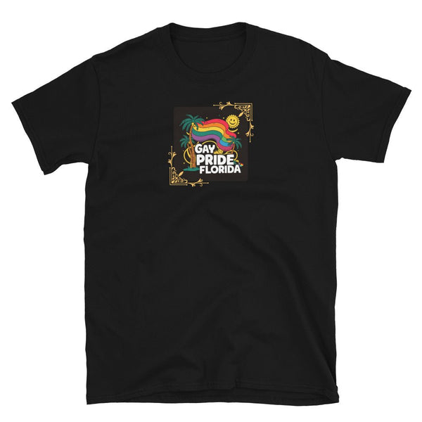 Vibrant Gay Parade Florida LGBT Rainbow Gay Pride black t-shirt featuring colorful design and logo.