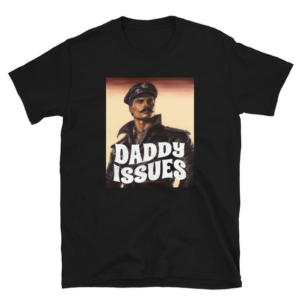 Vintage Daddy Issues Shirt of Leather Daddy Gay LGBTQ Pride Leather Daddy Gay Pride on black cotton t-shirt.