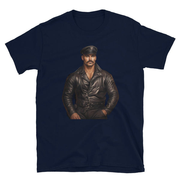 Navy t-shirt featuring a leather daddy graphic design for gay pride apparel.