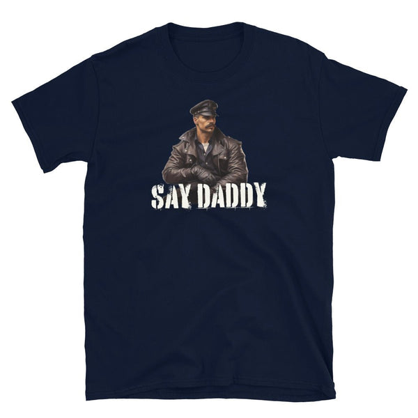 Vintage Say Daddy Shirt of Leather Daddy Gay LGBTQ Pride Leather Daddy Gay Pride, navy with bear graphic, pride apparel.