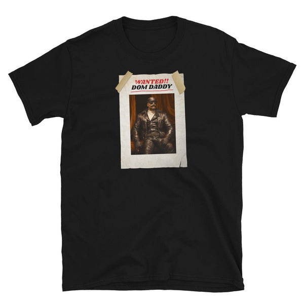 Black gay shirt featuring 'Wanted Dom Daddy' graphic and vintage photo design.