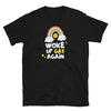 Black tee featuring rainbow design and text, Woke Up Gay Again, gay pride apparel.