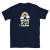 Navy shirt with rainbow graphic and 'Woke Up Gay Again' text, LGBT pride apparel.
