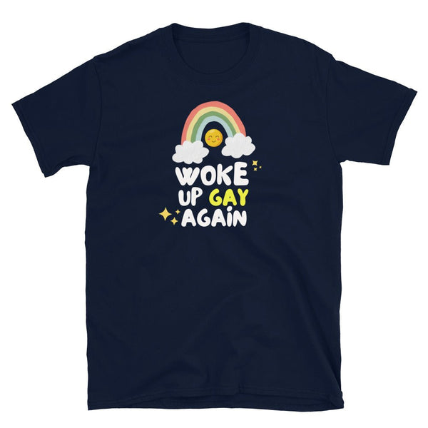 Navy shirt with rainbow graphic and 'Woke Up Gay Again' text, LGBT pride apparel.