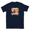 Woof! Gay Hairy Daddy Bear T-Shirt, navy blue, featuring a muscular man and rainbow graphics.