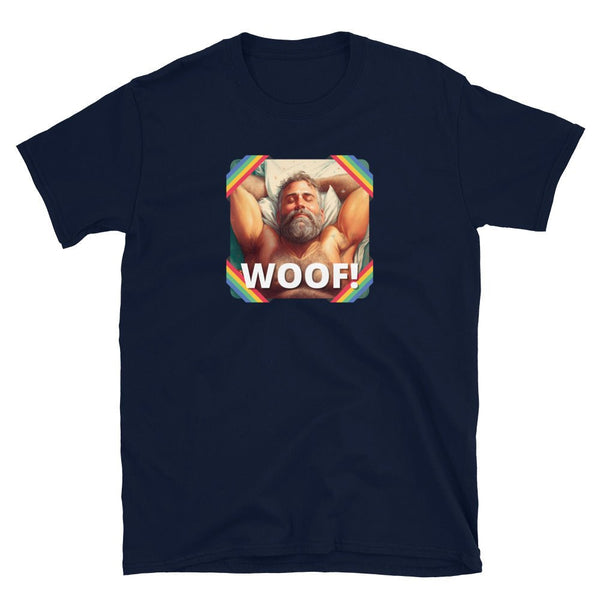Woof! Gay Hairy Daddy Bear T-Shirt, navy blue, featuring a muscular man and rainbow graphics.