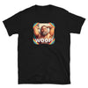 Black gay shirt featuring Funny Woof! bear graphic, ideal for pride apparel.