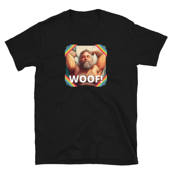 Black gay shirt featuring Funny Woof! bear graphic, ideal for pride apparel.