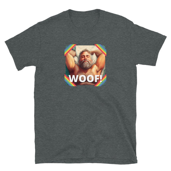 Grey gay shirt featuring a bear graphic and "WOOF!" text design.