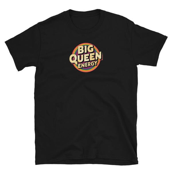 Black t-shirt featuring 'BIG QUEEN ENERGY' graphic, perfect gay pride apparel.