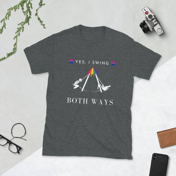 Dark grey pride shirt with "YES, I SWING BOTH WAYS" and rainbow design.